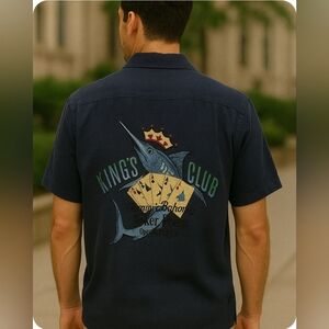 Tommy Bahama Blue 100% Silk Kings Club Poker Room Size M  Swordfish Camp Shirt
